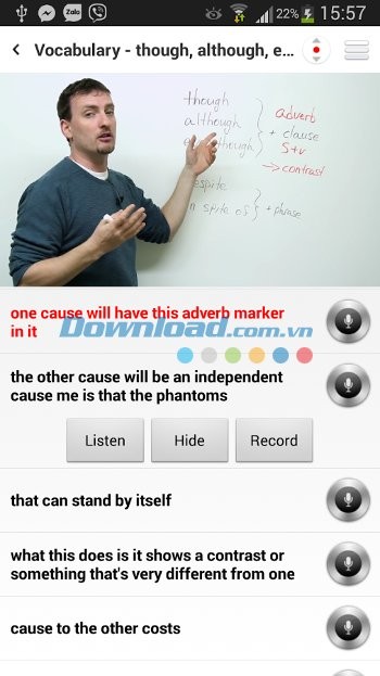 10000 Videos Learning IELTS hiển thị phụ đề của từng video