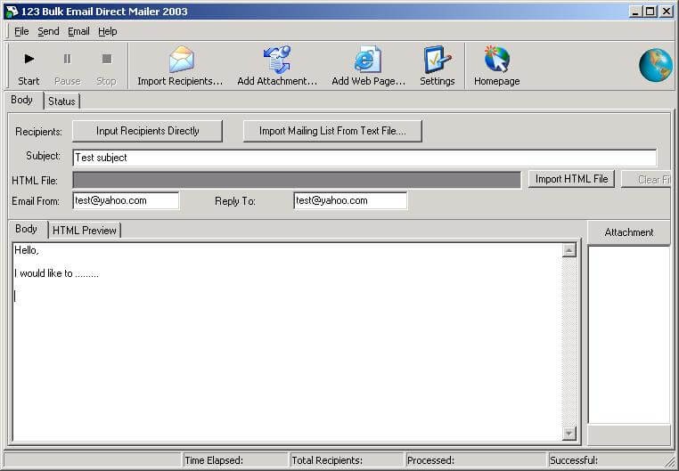 Giao diện của 123 Bulk Email Direct Sender