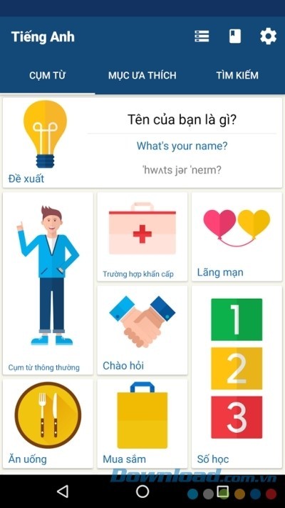 Học cụm từ tiếng Anh trên Học tiếng Anh cho Android