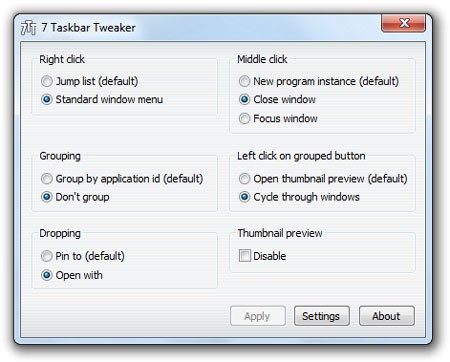 Giao diện chính của tiện ích 7+ Taskbar Tweaker cho máy tính