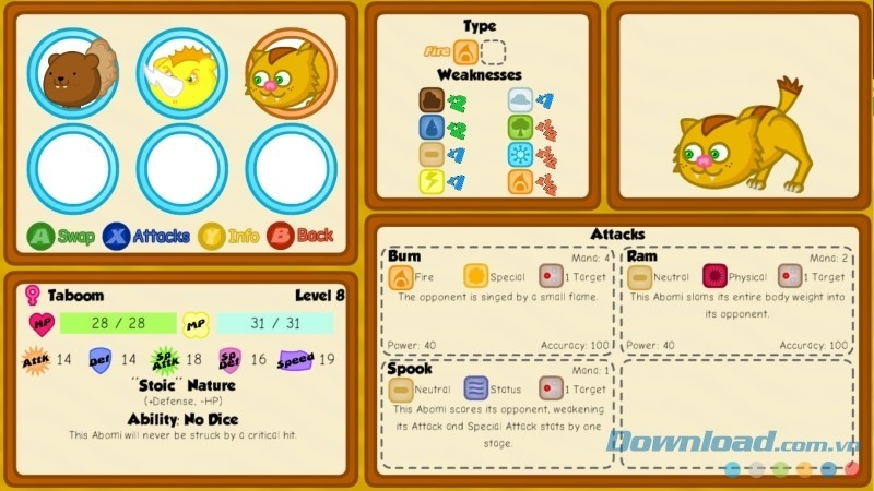 Xem thông tin chi tiết về từng nhân vật trong game phiêu lưu nhập vai Abomi Nation cho máy tính