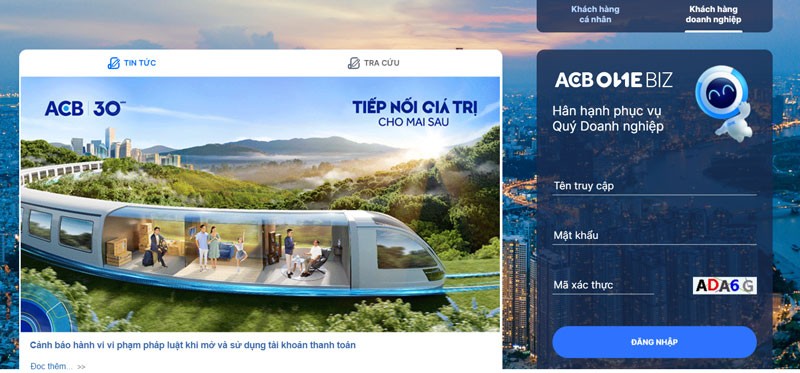 Giao diện đăng nhập tài khoản ACB ONE Biz cho doanh nghiệp