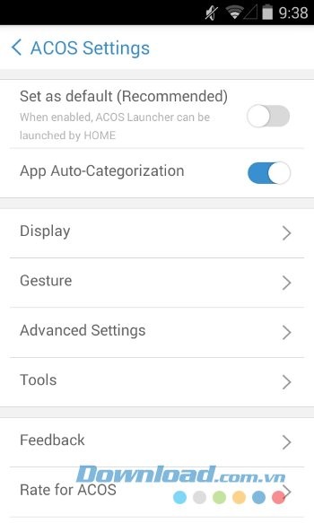 Các cài đặt chính của ACOS Launcher