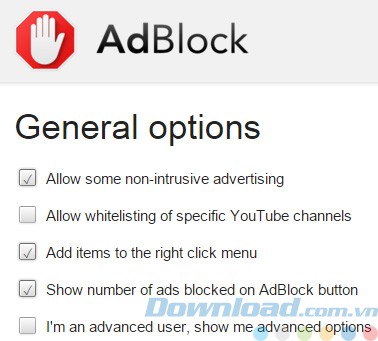 Giao diện tùy chọn của AdBlock cho Chrome
