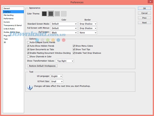 Tùy chọn màu sắc giao diện cho Photoshop CS6