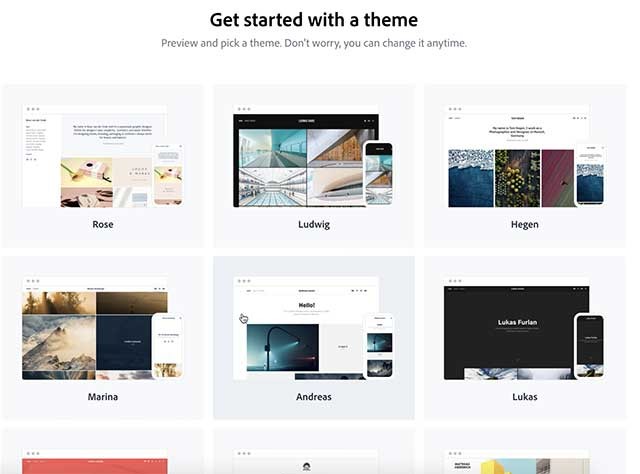 Adobe Portfolio cung cấp nhiều chủ đề sáng tạo và phong phú để bạn lựa chọn