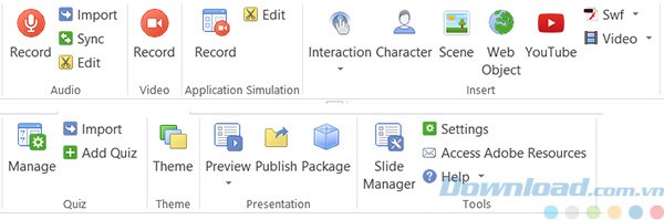 Các tùy chọn trên menu của Adobe Presenter