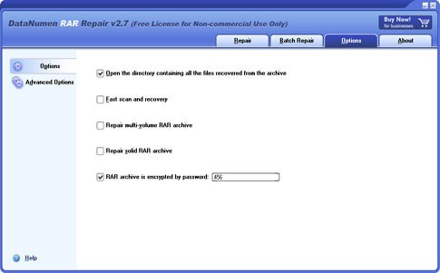 Tùy chọn cấu hình hoạt động trong DataNumen RAR Repair