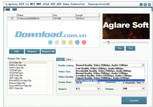 Aglare FLV to MP4 WMV iPod 3GP AVI Zune Converter