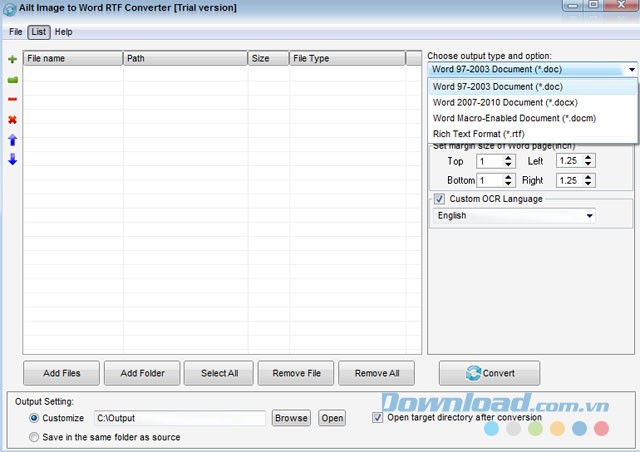 Các lựa chọn định dạng đầu ra