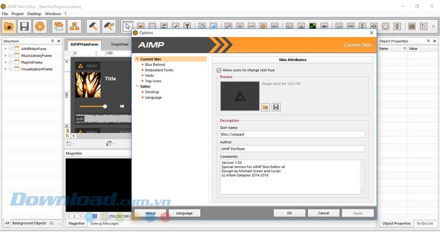 Sử dụng nhiều tùy chọn hữu ích trong ứng dụng chỉnh sửa giao diện AIMP Skin Editor