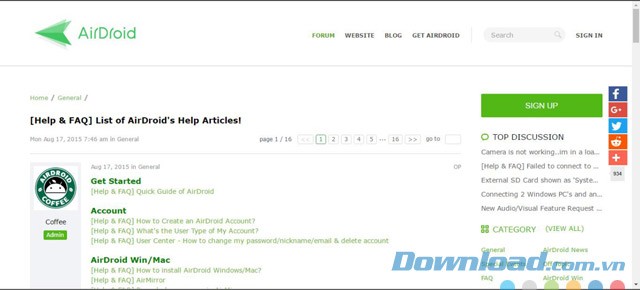 Giao diện web chính của ứng dụng quản lý smartphone Airdroid