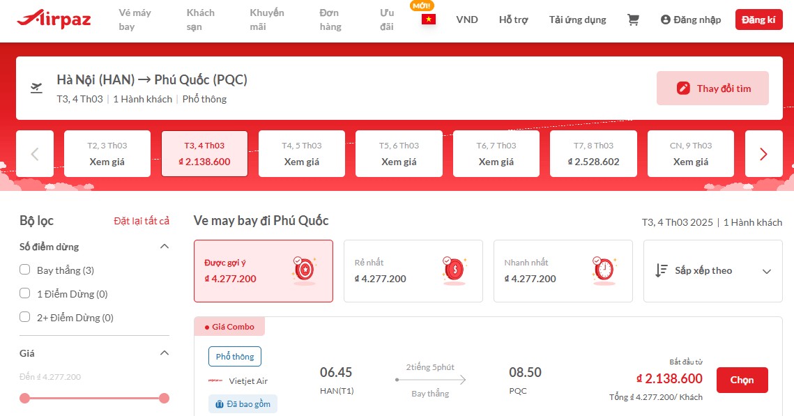 Đặt vé máy bay trên trang Airpaz