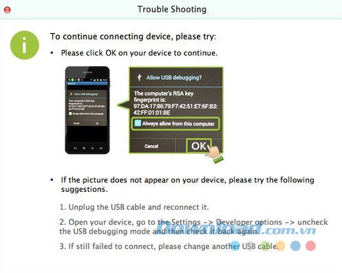 Chọn chế độ debugging cho thiết bị