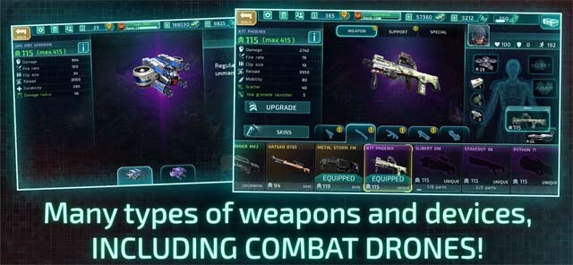 Alien Shooter 2 có nhiều loại vũ khí và thiết bị bao gồm cả máy bay không người lái