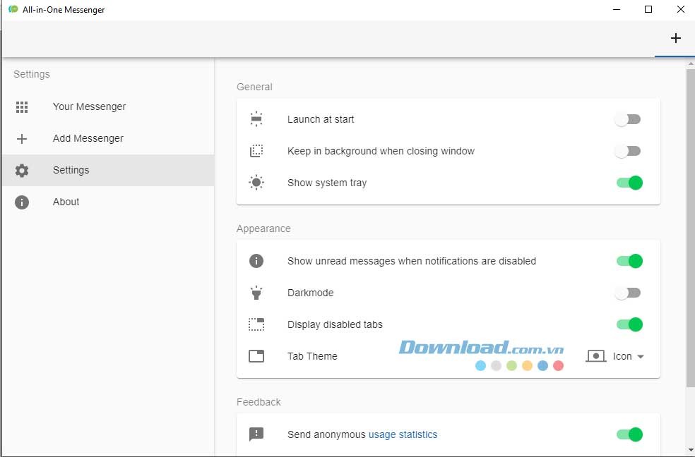 Giao diện cài đặt ứng dụng chat