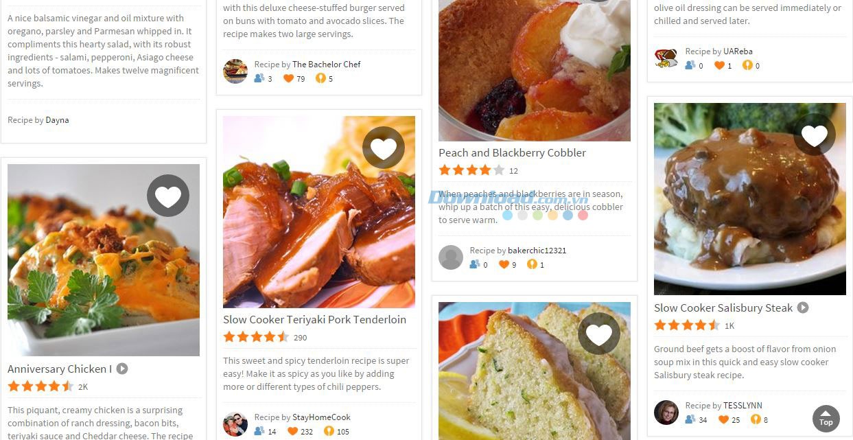 Danh mục món ăn ngay trên trang chủ của Allrecipes