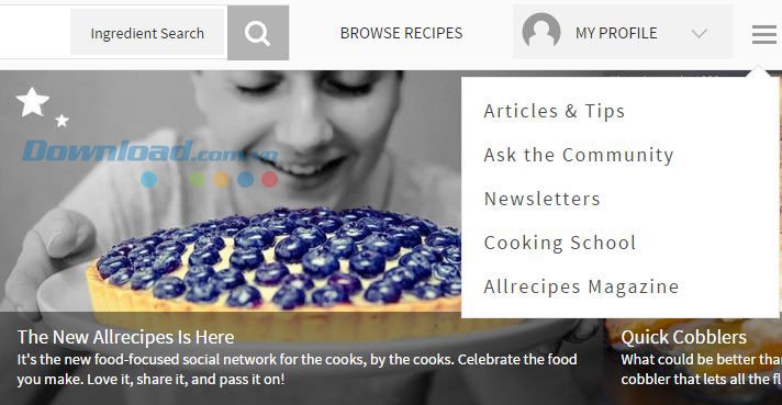 Hỏi người dùng hoặc đọc các bài báo về các bí quyết nấu ăn với Allrecipes