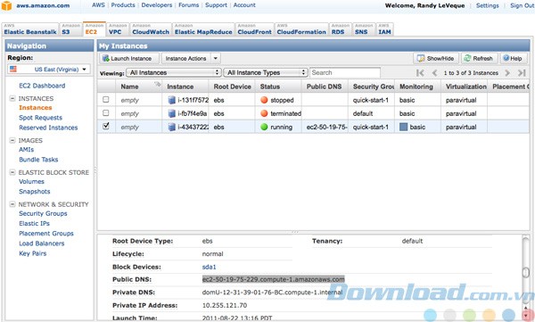 Giao diện phần quản trị của Amazon Web Services