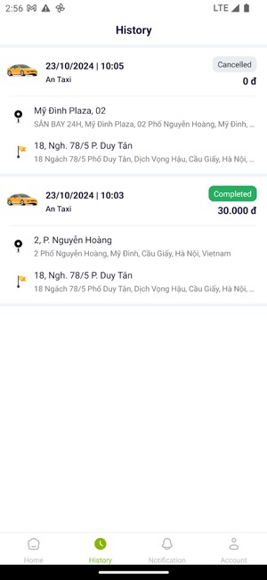 Đặt xe taxi thành công
