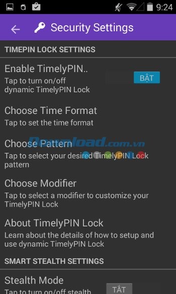 Các cài đặt bảo mật của Andrognito 2