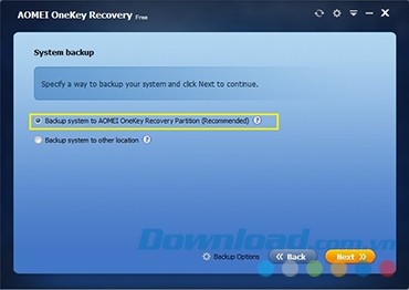 Tùy chọn sao lưu trên AOMEI OneKey Recovery