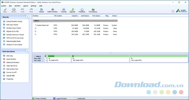 Giao diện chính trông gọn gàng và dễ nhìn của ứng dụng quản lý phân vùng miễn phí AOMEI Partition Assistant Standard
