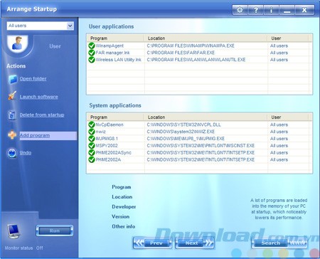 Giao diện của Arrange Startup