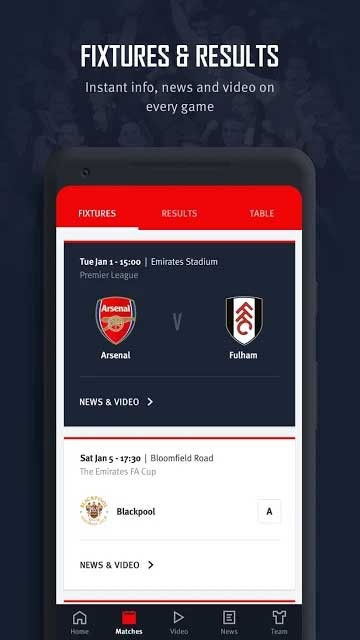 Arsenal Official App cho Android cung cấp kết quả trận đấu
