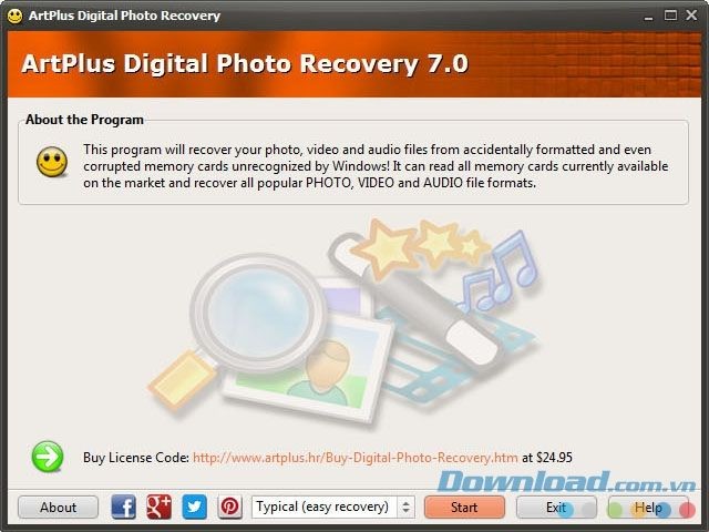 Giao diện làm việc của ArtPlus Digital Photo Recovery 7