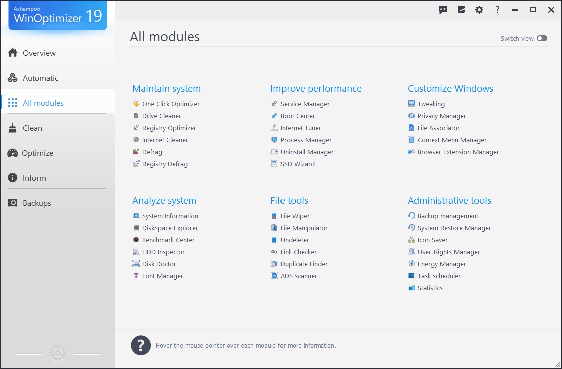 Tổng quan các module trong Ashampoo WinOptimizer 2021