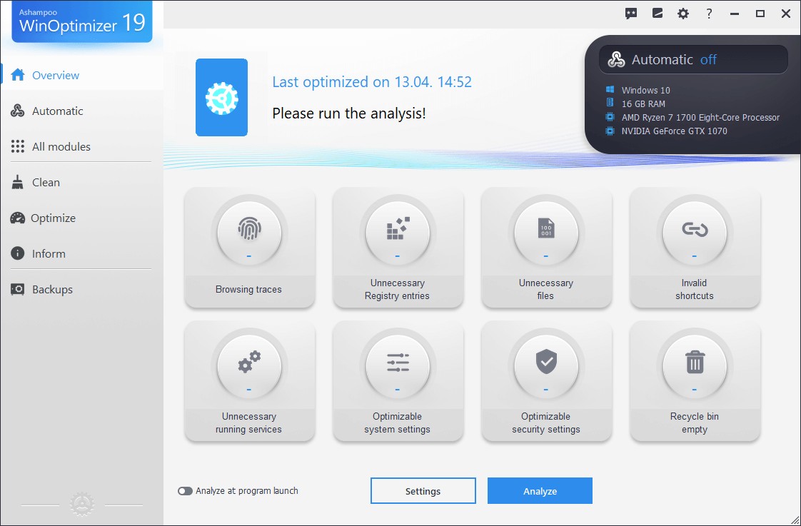 Ashampoo WinOptimizer 19 - Giao diện Startscreen Light Skin