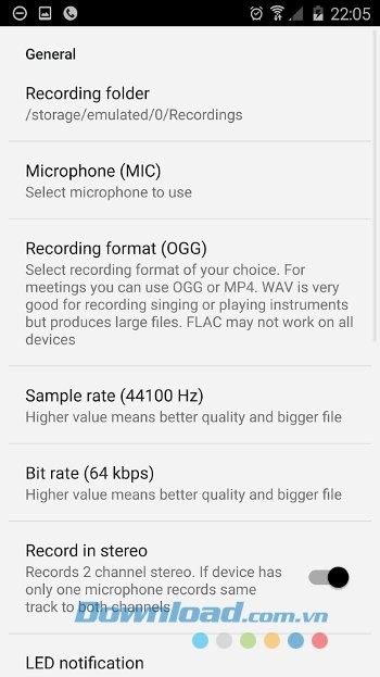 Các thiết lập chung của ASR: Sound & Voice Recorder