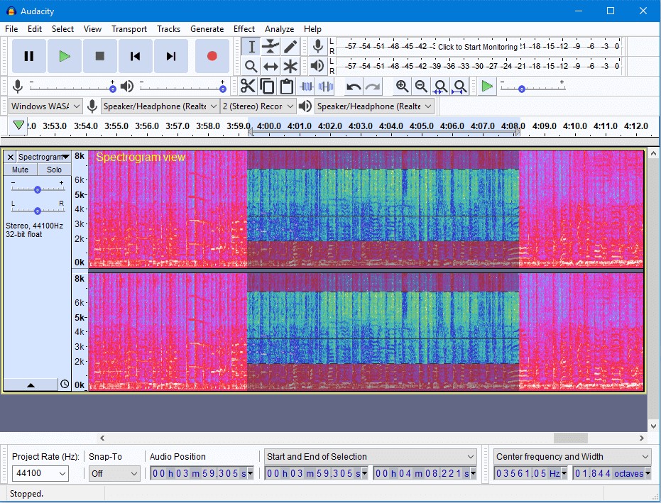 Audacity trong chế độ xem Spectrogram