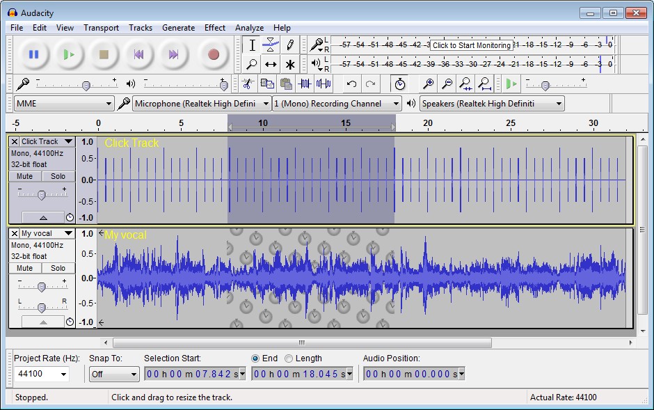 Giao diện chính phần mềm chỉnh sửa file audio Audacity