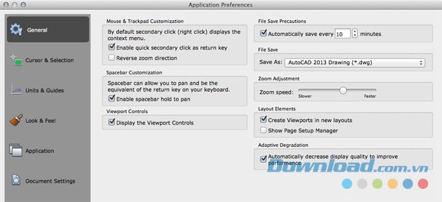 Tùy chỉnh các tính năng trong phần thiết lập của ứng dụng đồ họa AutoCAD cho Mac