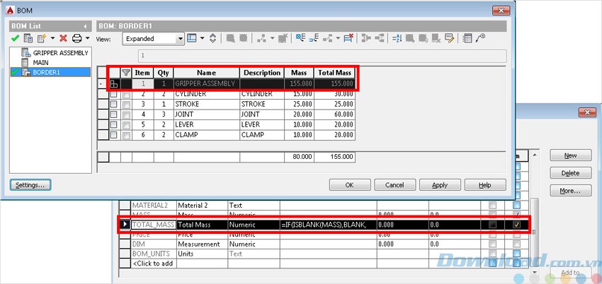 Xác định khối lượng của kết cấu trong bản vẽ