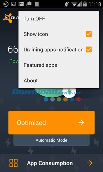 Các tùy chọn trong Avast Battery Saver