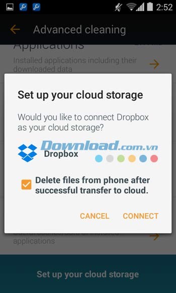 Avast Cleanup & Boost cho phép lưu dữ liệu lên Dropbox