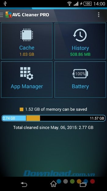 Giao diện chính của AVG Cleaner for Xperia