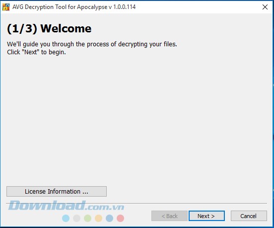 Giao diện chào mừng lúc mới sử dụng phần mềm khôi phục AVG Decryption Tool For Apocalypse