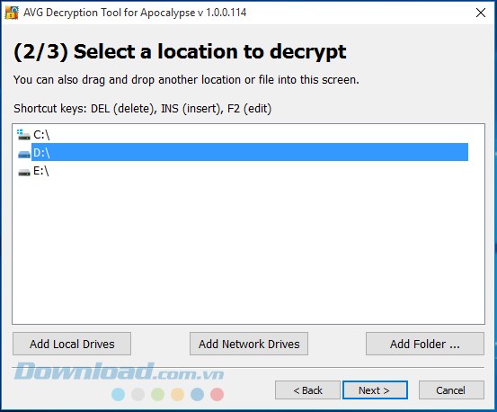 Lựa chọn vị trí cần giải mã khi sử dụng phần mềm khôi phục AVG Decryption Tool For Apocalypse