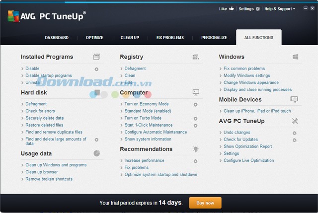 Tất cả các tính năng của AVG PC TuneUp