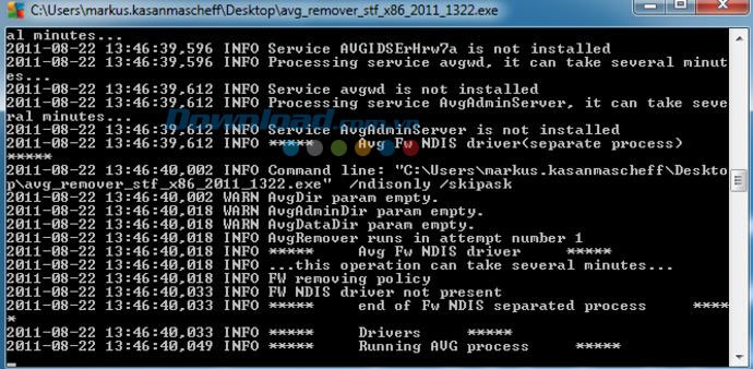 Dòng lệnh của AVF Remover tự chạy để gỡ các phần mềm của AVG