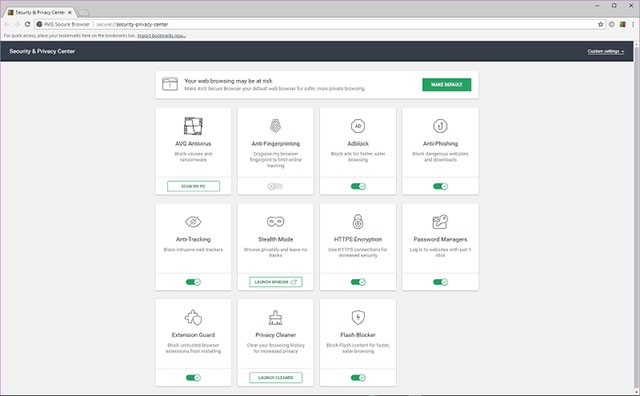 Giao diện trình của trình duyệt web bảo mật AVG Secure Browser
