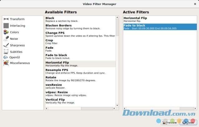 Cửa sổ quản lý bộ lọc video