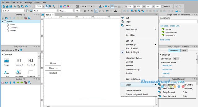 Giao diện với các công cụ của Axure RP