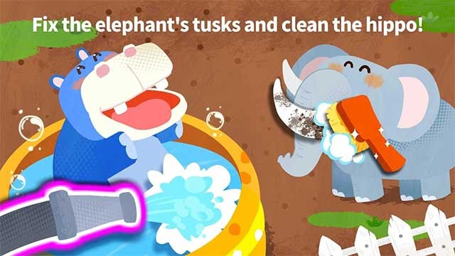 Giúp bạn voi chữa ngà và dùng bàn chải để chải sạch chúng