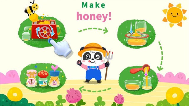 Đổ mật ong vào chai thủy tinh và dán nhãn Baby Panda's Animal Farm
