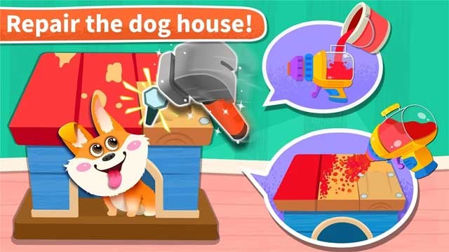 Sửa chữa và sơn mái cho ngôi nhà của chú chó tinh nghịch